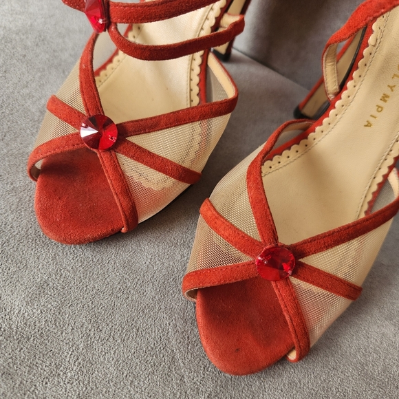 Charlotte Olympia heeled sandals 8.5 scarlet red suede Isadora mesh Made Italy - Picture 6 of 13